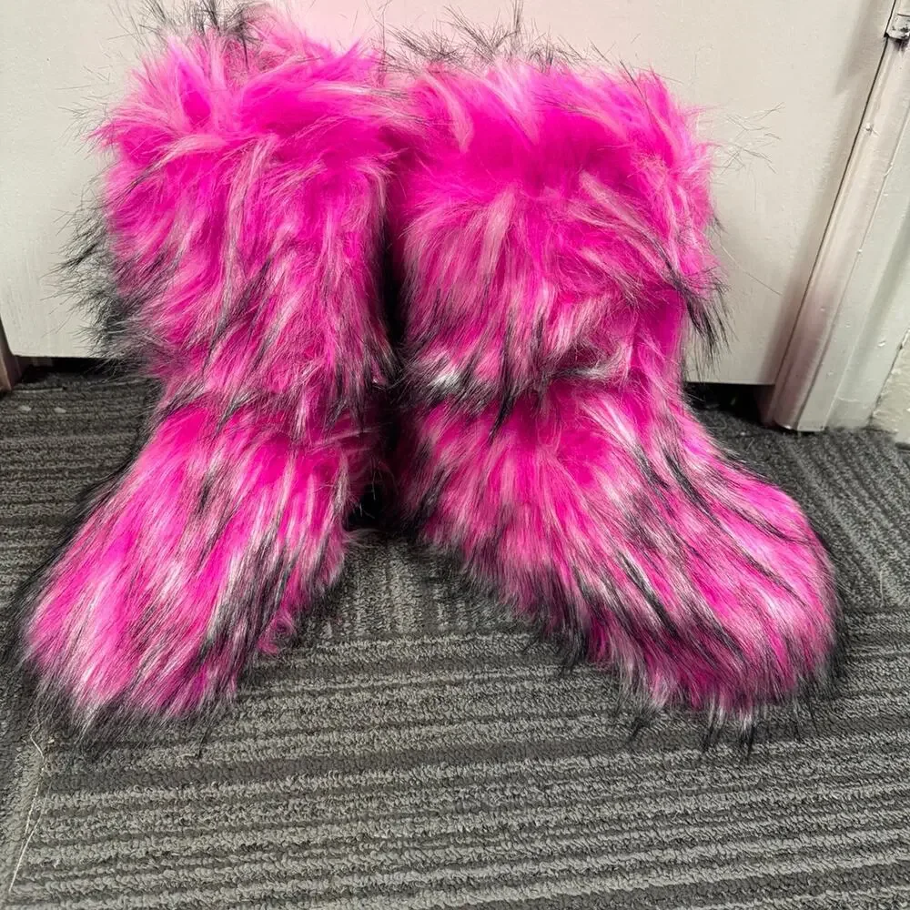 Women’s Hot Pink Faux Fur Boots Plush Winter Round Toe Furry Boots EU 39.5 New
